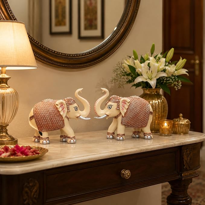 Peach Elephant Showpiece Pair, Marble Dust Resin, 8 Inch