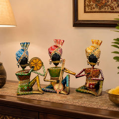 Rajasthani Bawla Musician Showpiece Set of 3 for Home Decor | Iron Metal Folk Artist Statue with Instruments | Hand Painted Tabletop Decor for Living Room Office Gift