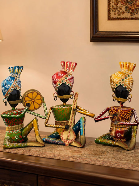 Rajasthani Bawla Musician Showpiece Set of 3 for Home Decor | Iron Metal Folk Artist Statue with Instruments | Hand Painted Tabletop Decor for Living Room Office Gift