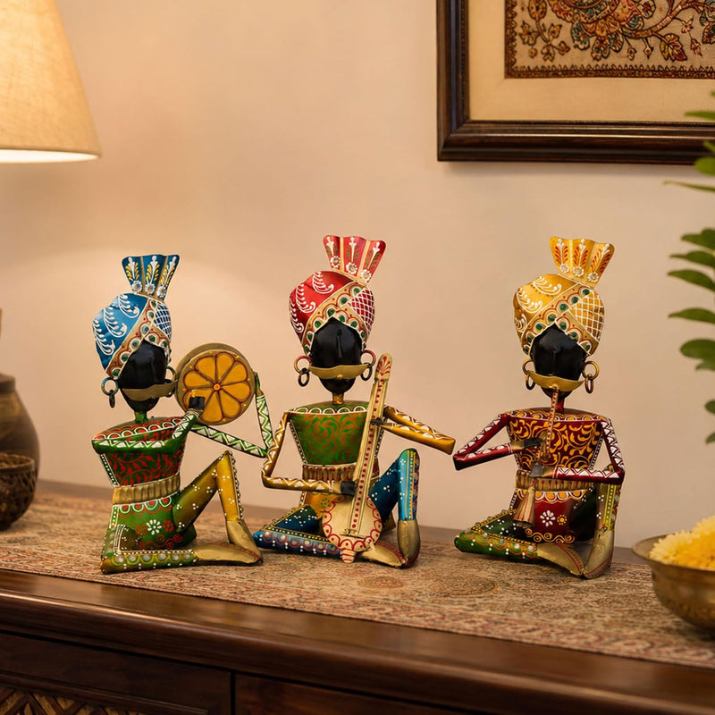 Rajasthani Bawla Musician Showpiece Set of 3 for Home Decor | Iron Metal Folk Artist Statue with Instruments | Hand Painted Tabletop Decor for Living Room Office Gift
