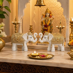 White-Gold Elephant Showpiece Pair, Marble Dust Resin, 8 Inch