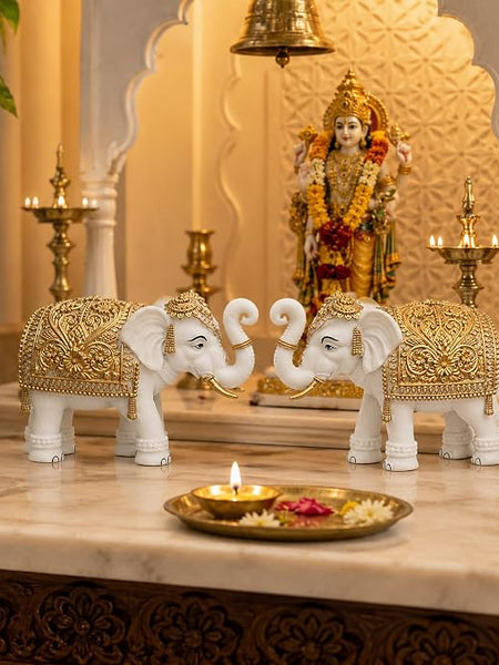 White-Gold Elephant Showpiece Pair, Marble Dust Resin, 8 Inch