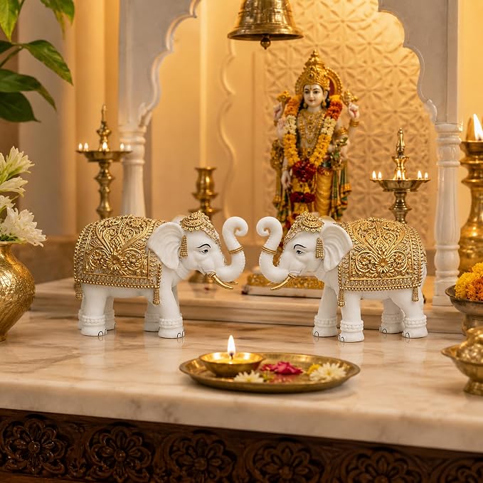 White-Gold Elephant Showpiece Pair, Marble Dust Resin, 8 Inch