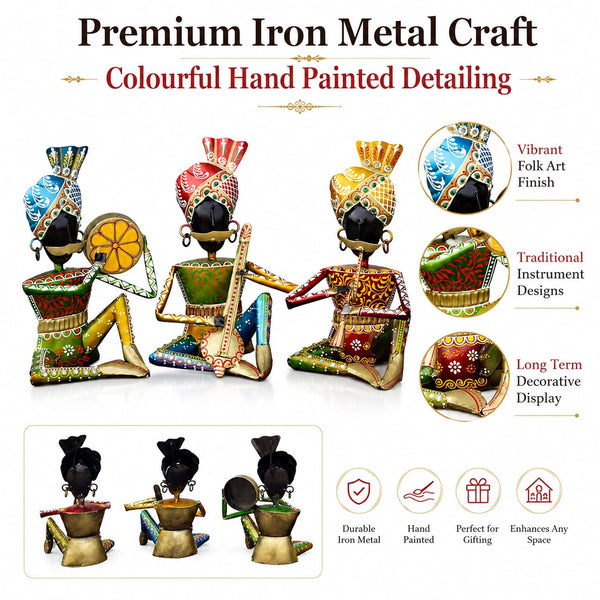 Rajasthani Bawla Musician Showpiece Set of 3 for Home Decor | Iron Metal Folk Artist Statue with Instruments | Hand Painted Tabletop Decor for Living Room Office Gift