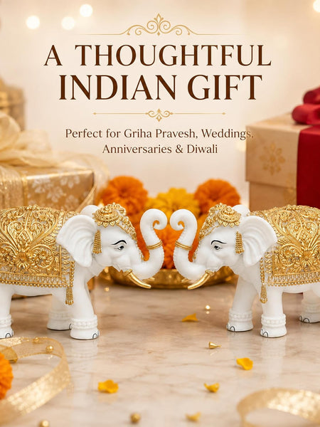 White-Gold Elephant Showpiece Pair, Marble Dust Resin, 8 Inch