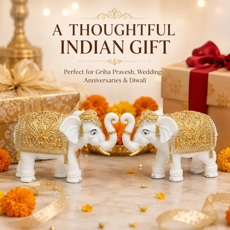 White-Gold Elephant Showpiece Pair, Marble Dust Resin, 8 Inch