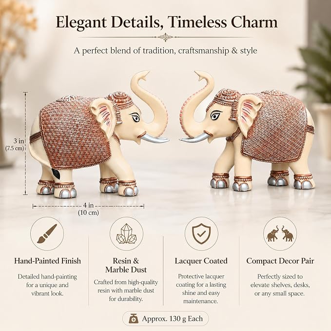 Peach Elephant Showpiece Pair, Marble Dust Resin, 3 Inch
