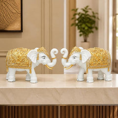 White-Gold Elephant Showpiece Pair, Marble Dust Resin, 8 Inch