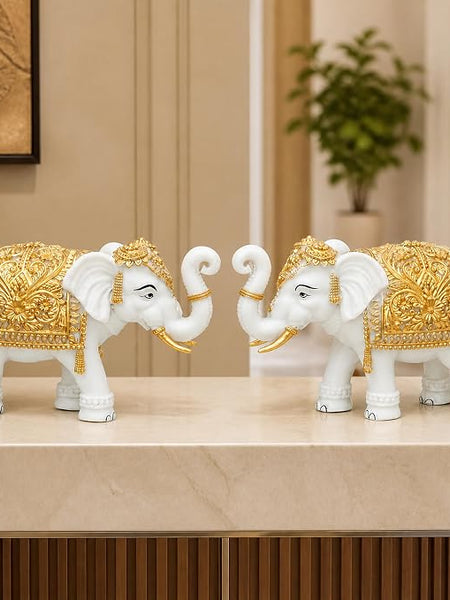 White-Gold Elephant Showpiece Pair, Marble Dust Resin, 8 Inch