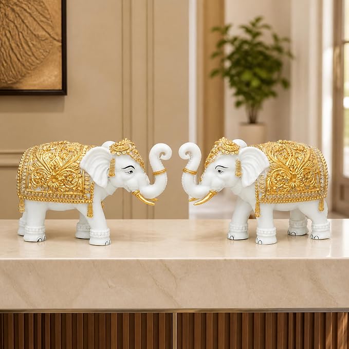 White-Gold Elephant Showpiece Pair, Marble Dust Resin, 8 Inch