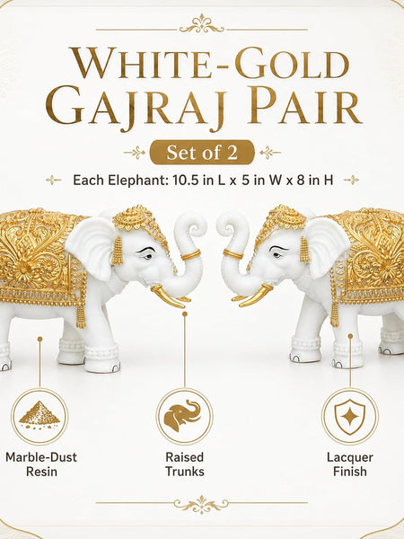 White-Gold Elephant Showpiece Pair, Marble Dust Resin, 8 Inch