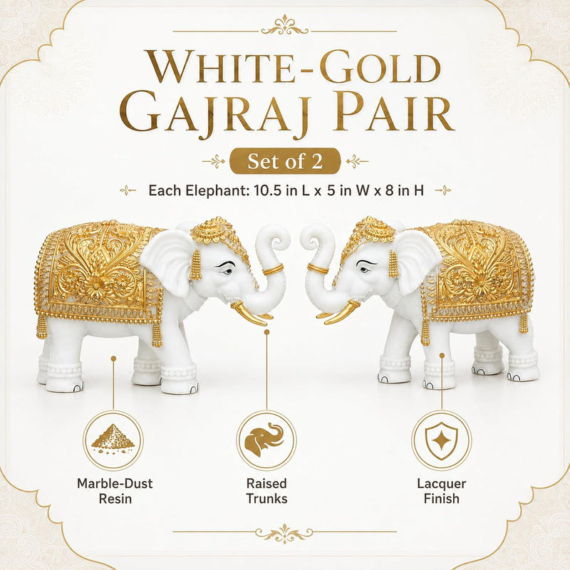 White-Gold Elephant Showpiece Pair, Marble Dust Resin, 8 Inch
