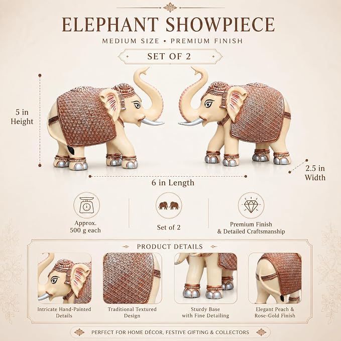 Peach Elephant Showpiece Pair, Marble Dust Resin, 5 Inch