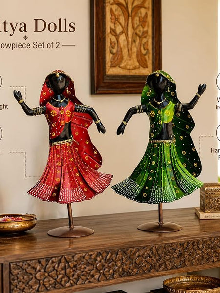 Nritya Dolls Showpiece Set of 2 for Home Decor | Large 20 Inch Wrought Iron Folk Dancer Figurines