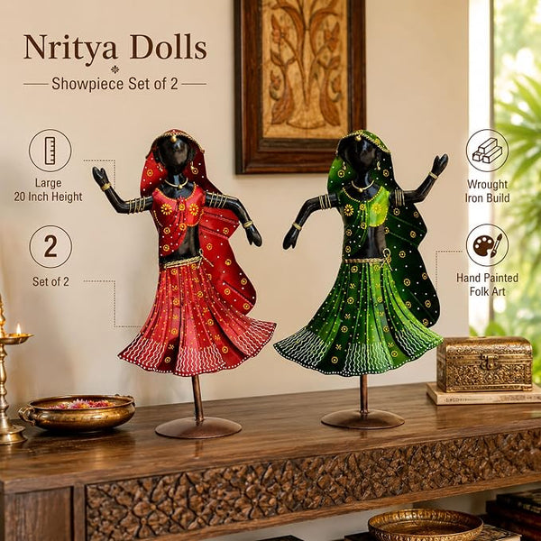 Nritya Dolls Showpiece Set of 2 for Home Decor | Large 20 Inch Wrought Iron Folk Dancer Figurines