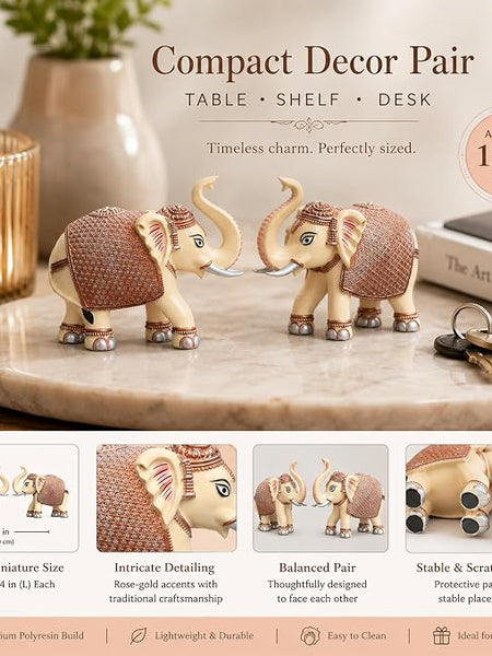 Peach Elephant Showpiece Pair, Marble Dust Resin, 3 Inch