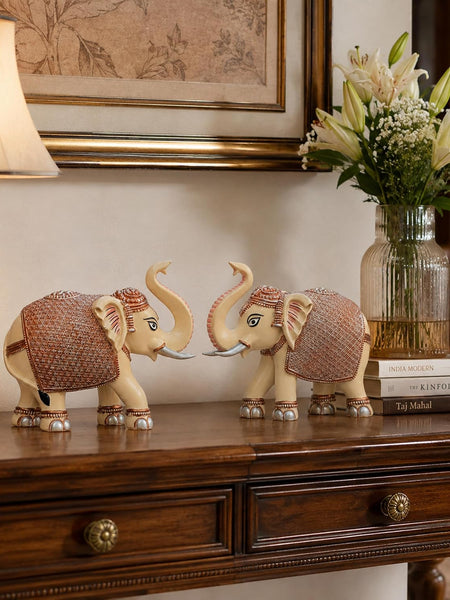 Peach Elephant Showpiece Pair, Marble Dust Resin, 5 Inch