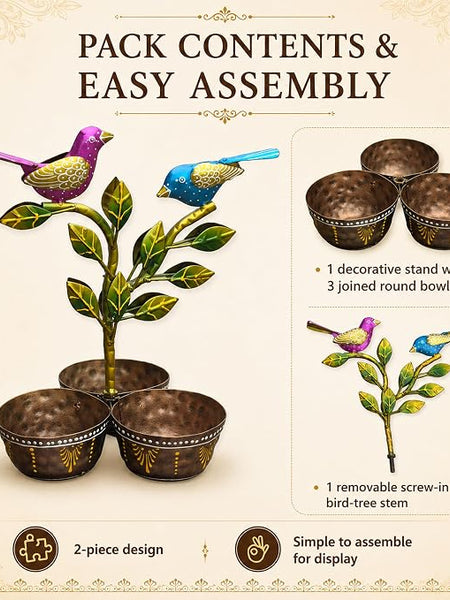 Iron Dry Fruit Bowl Stand with Bird Tree, 3 Bowls, 12 Inch