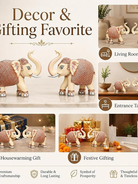 Peach Elephant Showpiece Pair, Marble Dust Resin, 8 Inch