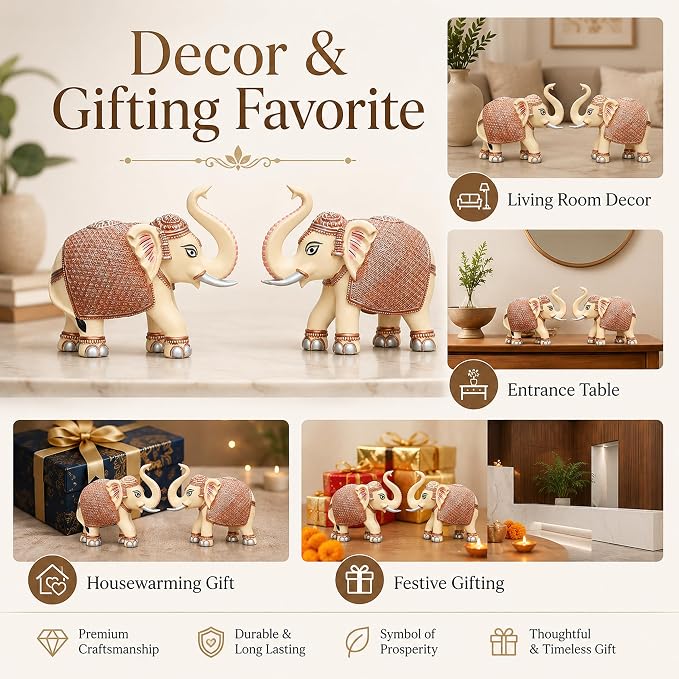 Peach Elephant Showpiece Pair, Marble Dust Resin, 8 Inch