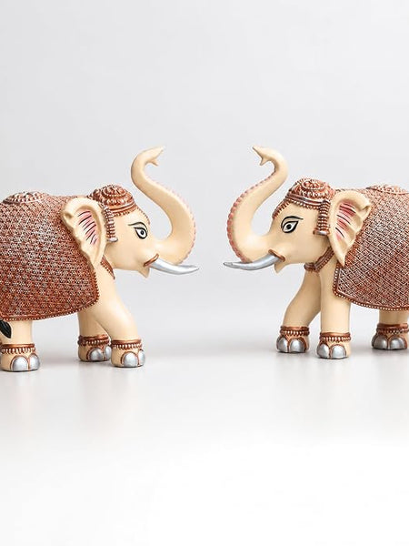 Peach Elephant Showpiece Pair, Marble Dust Resin, 5 Inch