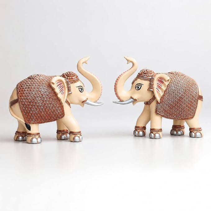 Peach Elephant Showpiece Pair, Marble Dust Resin, 5 Inch