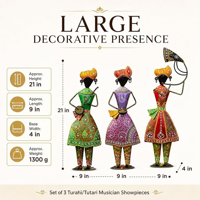Turahi Tutari Musician Showpiece Set of 3 for Home Decor | 21 Inch Iron Metal Maharashtra Folk Artist Statue Set