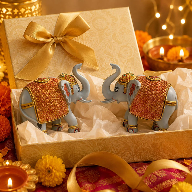 Grey Elephant Showpiece Pair, Marble Dust Resin, 3 Inch