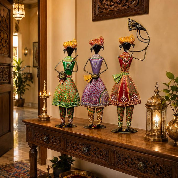 Turahi Tutari Musician Showpiece Set of 3 for Home Decor | 21 Inch Iron Metal Maharashtra Folk Artist Statue Set