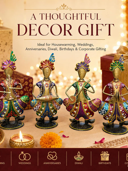 Gold Iron Rajasthani Musician Statue Showpiece Set of 4, 9 Inch