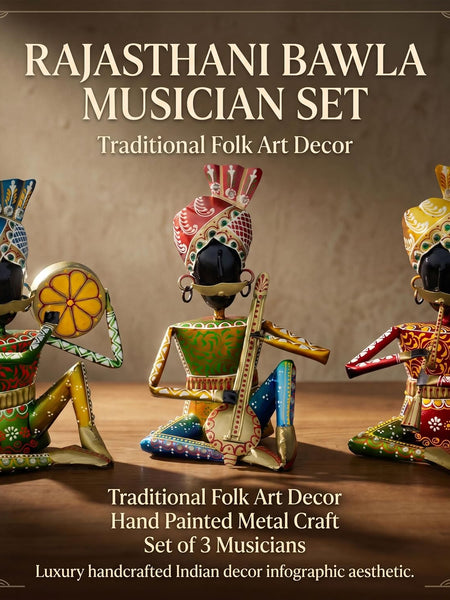 Rajasthani Bawla Musician Showpiece Set of 3 for Home Decor | Iron Metal Folk Artist Statue with Instruments | Hand Painted Tabletop Decor for Living Room Office Gift