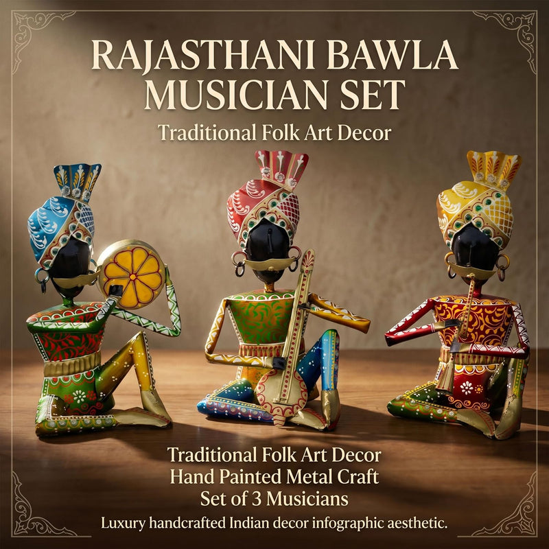 Rajasthani Bawla Musician Showpiece Set of 3 for Home Decor | Iron Metal Folk Artist Statue with Instruments | Hand Painted Tabletop Decor for Living Room Office Gift