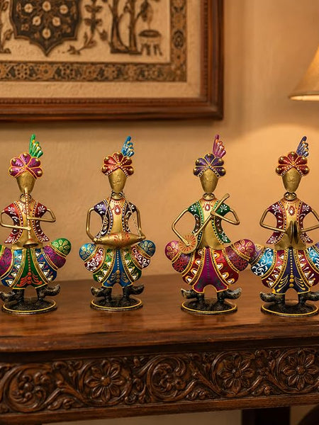 Gold Iron Rajasthani Musician Statue Showpiece Set of 4, 9 Inch