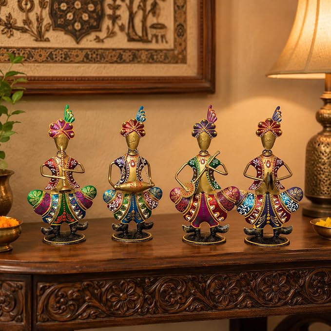 Gold Iron Rajasthani Musician Statue Showpiece Set of 4, 9 Inch