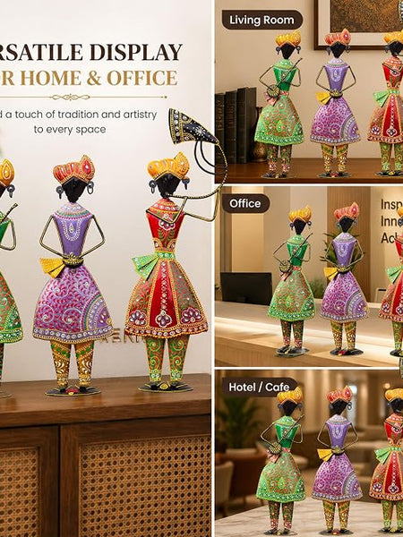 Turahi Tutari Musician Showpiece Set of 3 for Home Decor | 21 Inch Iron Metal Maharashtra Folk Artist Statue Set