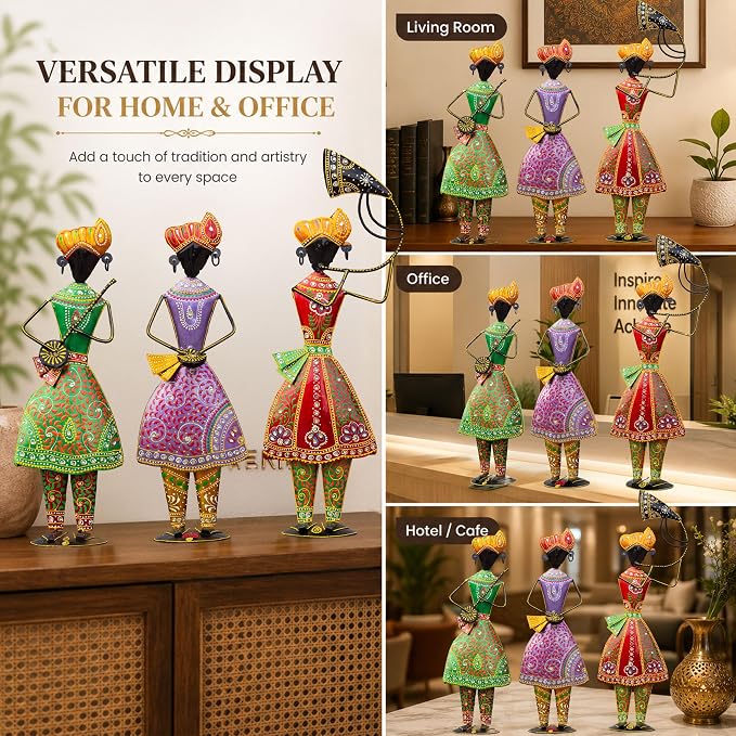 Turahi Tutari Musician Showpiece Set of 3 for Home Decor | 21 Inch Iron Metal Maharashtra Folk Artist Statue Set