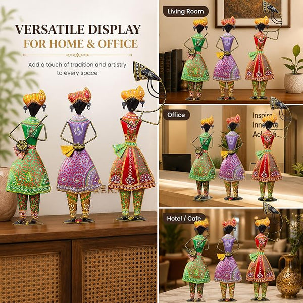 Turahi Tutari Musician Showpiece Set of 3 for Home Decor | 21 Inch Iron Metal Maharashtra Folk Artist Statue Set