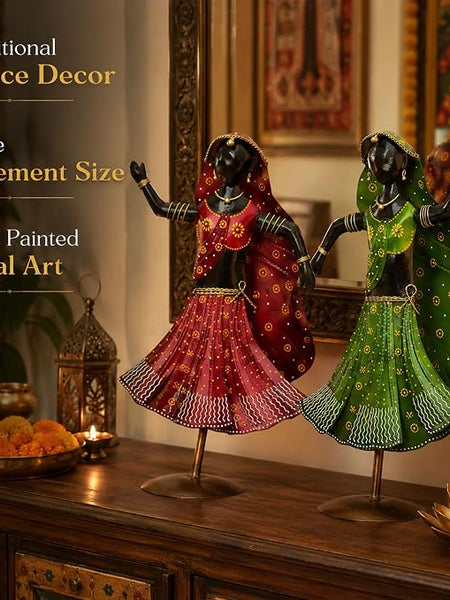 Nritya Dolls Showpiece Set of 2 for Home Decor | Large 20 Inch Wrought Iron Folk Dancer Figurines