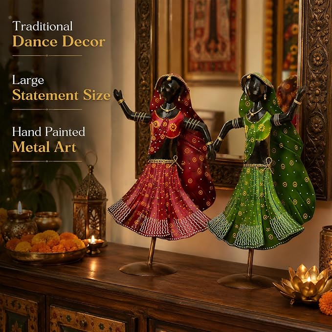 Nritya Dolls Showpiece Set of 2 for Home Decor | Large 20 Inch Wrought Iron Folk Dancer Figurines