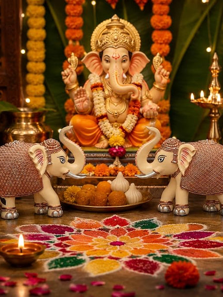 Peach Elephant Showpiece Pair, Marble Dust Resin, 5 Inch