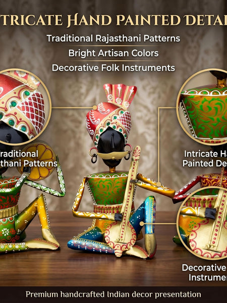 Rajasthani Bawla Musician Showpiece Set of 3 for Home Decor | Iron Metal Folk Artist Statue with Instruments | Hand Painted Tabletop Decor for Living Room Office Gift