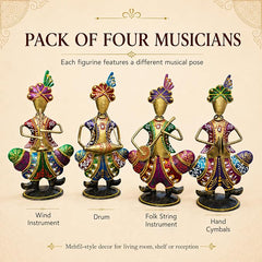 Gold Iron Rajasthani Musician Statue Showpiece Set of 4, 9 Inch