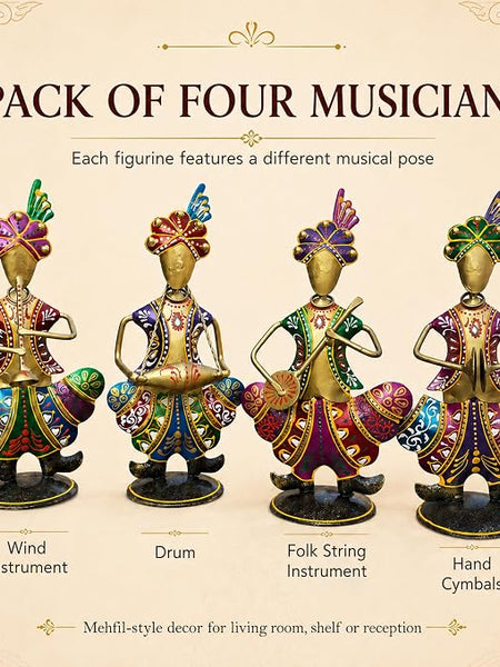 Gold Iron Rajasthani Musician Statue Showpiece Set of 4, 9 Inch