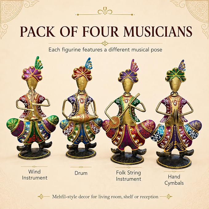 Gold Iron Rajasthani Musician Statue Showpiece Set of 4, 9 Inch
