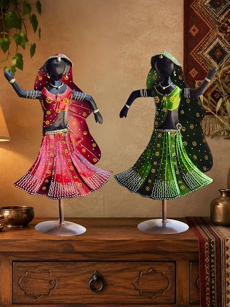 Nritya Dolls Showpiece Set of 2 for Home Decor | Large 20 Inch Wrought Iron Folk Dancer Figurines