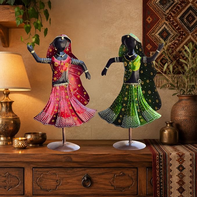 Nritya Dolls Showpiece Set of 2 for Home Decor | Large 20 Inch Wrought Iron Folk Dancer Figurines