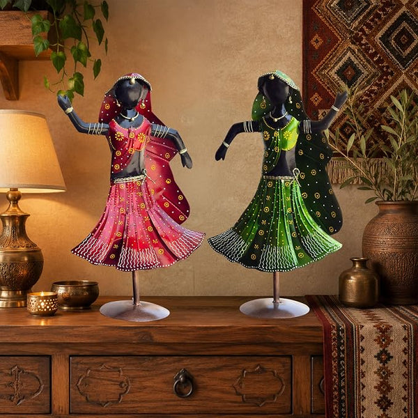 Nritya Dolls Showpiece Set of 2 for Home Decor | Large 20 Inch Wrought Iron Folk Dancer Figurines