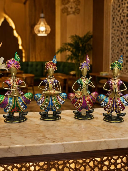 Gold Iron Rajasthani Musician Statue Showpiece Set of 4, 9 Inch