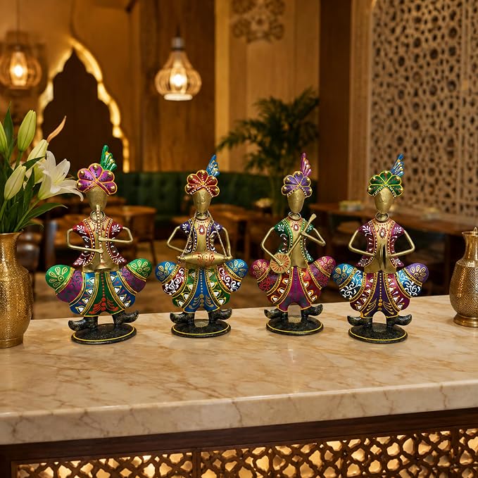 Gold Iron Rajasthani Musician Statue Showpiece Set of 4, 9 Inch