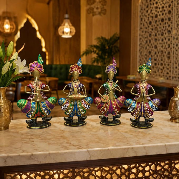 Gold Iron Rajasthani Musician Statue Showpiece Set of 4, 9 Inch